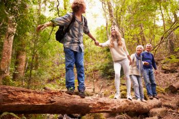 Grandparents and teens walking on a fallen tree in a forest