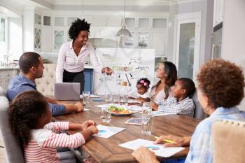 Businesswoman presents meeting to a family in their kitchen