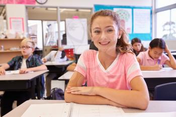 Portrait of schoolgirl at desk in an elementary school class