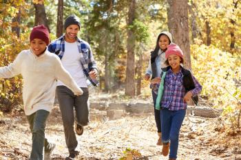 African American Family Walking Through Fall Woodland