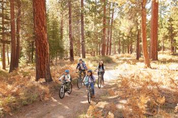 African American Family Cycling Through Fall Woodland
