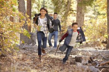 Children in a forest running to camera, father looking on