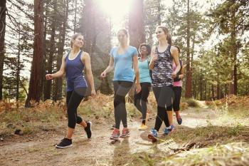 Group of women runners walking in a forest talking, close up