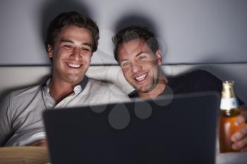 Male couple in bed, drinking and watching a laptop, close up