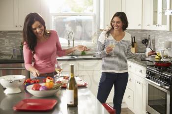 Female gay couple preparing meal together and drinking wine