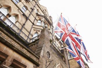 OXFORD/ UK- OCTOBER 26 2016: Union Jack Flags Outside Randolph Hotel In Oxford
