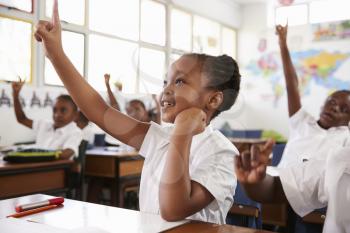Schoolgirl raising hand during a lesson at elementary school