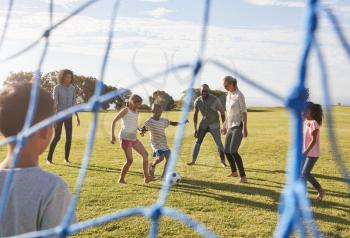 Two families playing football in park seen through goal net