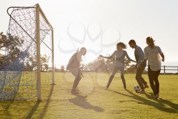Young adults playing football in park one in goal, side view