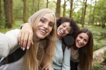 Three young adult women taking a selfie in a forest during a hike, close up