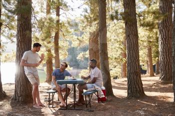 Three male friends hanging out talking by a lake