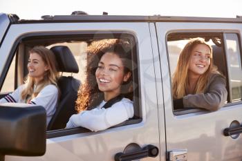 Young adult female friends going on vacation in a car