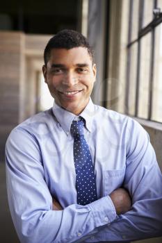 Smiling mixed race businessman with arms crossed, portrait