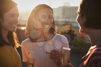 Female Friends With Drinks Gathered On Rooftop Terrace For Party With City Skyline In Background