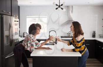 Two Female Friends Making Toast As They Drink Wine At Home Standing By Kitchen Island