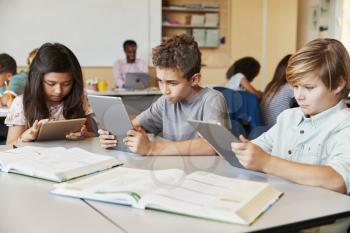 Elementary school kids using tablet computers in class