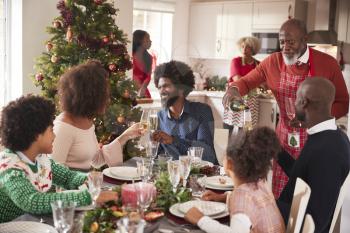 Family talking and raising glasses at the dinner table during a multi generation, mixed race family Christmas celebration