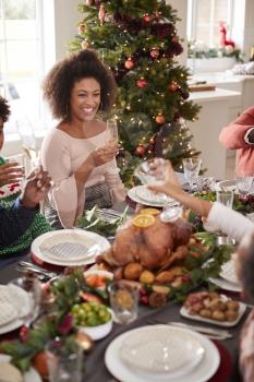 Happy young mixed race woman sitting at the Christmas dinner table with her family smiling, elevated view