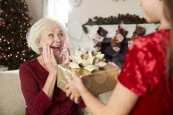 Excited Grandmother Receiving Christmas Gift From Granddaughter At Home