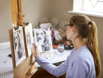 Side View Of Female Teenage Artist Sitting At Easel Drawing Picture Of Dog From Photograph In Charcoal