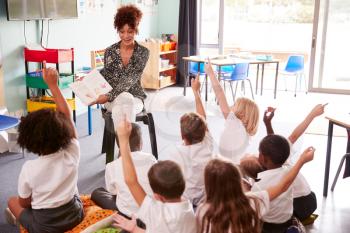 Elementary Pupils Wearing Uniform Raise Hands To Answer Question As Female Teacher Reads Book