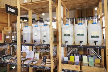 Dispensers For Body And Beauty Products In Sustainable Plastic Free Grocery Store