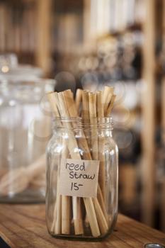 Close Up Of Reed Drinking Straws In Sustainable Plastic Free Grocery Store