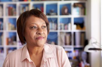 Smiling Mature Woman In Home Office By Bookcase