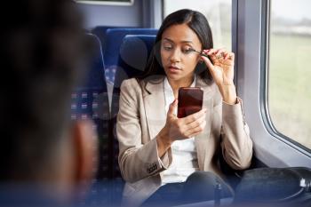 Businesswoman Sitting In Train Commuting To Work Putting On Make Up