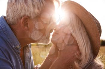 Loving Mature Couple In Countryside About To Kiss Against Flaring Sun