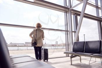Rear View Of Businesswoman With Luggage Standing By Window In Airport Departure Lounge