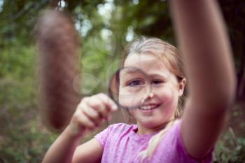 Girl At Outdoor Activity Camp Studying Pine Cone With Magnifying Glass