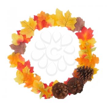 Overhead Flat Lay Autumn Still Life Composed Leaves And Pine Cones In A Circle On White Background