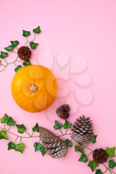 Overhead Flat Lay Autumn Banner Of Pumpkins With Ivy Leaves And Pine Cones On Pink Background