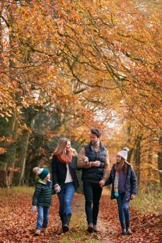 Family Walking Arm In Arm Along Autumn Woodland Path Together