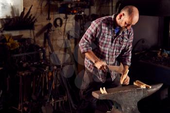 Male Blacksmith Chopping Wood For Kindling On Anvil To Light Forge
