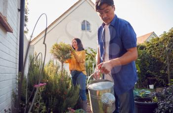 Mature Asian Couple At Work Watering And Caring For Plants In Garden At Home