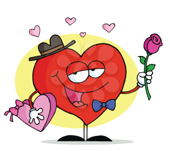 Royalty Free Clipart Image of a Heart With a Flower and a Box of Chocolate