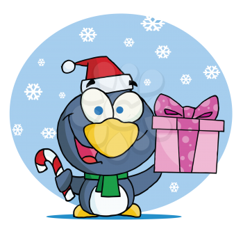 Royalty Free Clipart Image of a Penguin With a Candy Cane and a Gift