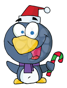 Royalty Free Clipart Image of a Penguin With a Candy Cane