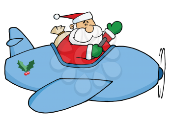 Royalty Free Clipart Image of Santa Flying In A Plane
