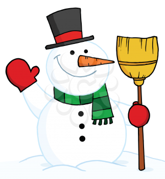 Royalty Free Clipart Image of a Waving Snowman With a Broom