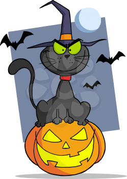 Royalty Free Clipart Image of a Black Cat Sitting on a Jack-o-Lantern