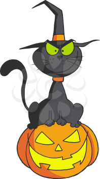 Royalty Free Clipart Image of a Black Cat Sitting on a Jack-o-Lantern