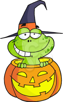 Royalty Free Clipart Image of a Frog in a Jack-o-Lantern