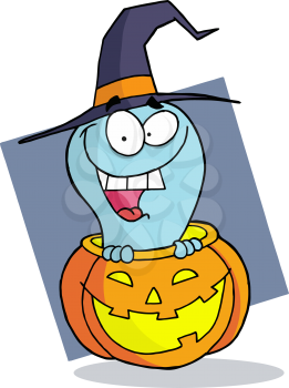 Royalty Free Clipart Image of a Ghost Coming Out of a Jack-o-Lantern