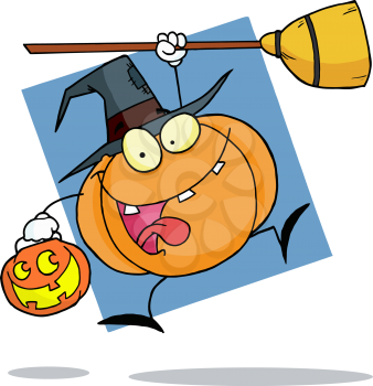 Royalty Free Clipart Image of a Pumpkin Wearing a Witch's Hat Holding a Broomstick