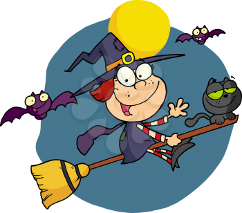 Royalty Free Clipart Image of a Witch Riding a Broomstick with a Black Cat