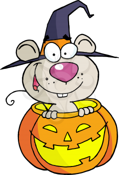 Royalty Free Clipart Image of a Mouse in a Jack-o-Lantern