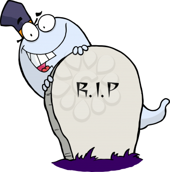 Royalty Free Clipart Image of a Ghost Behind a Tombstone